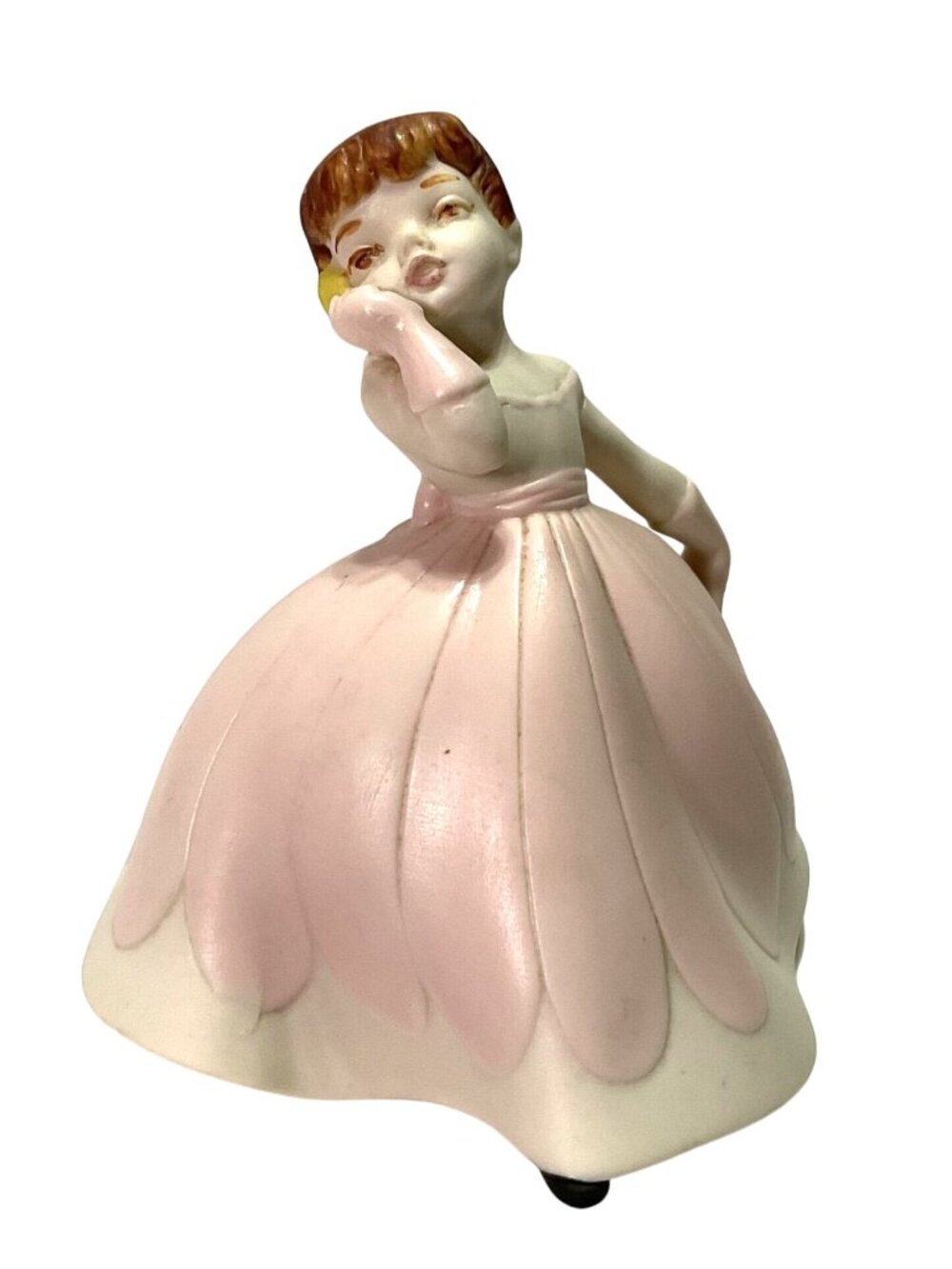 Vtg Ceramic Girl Ball Gown Figurine Pink Dress Brown Hair Made w/ Holland Mold